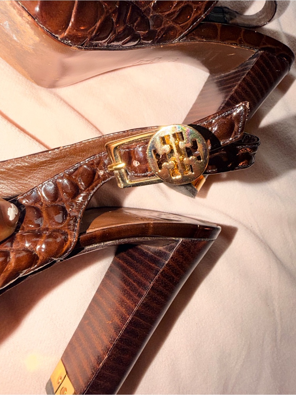 Tory Burch Brown Croc-Embossed Leather Slingback Heels with Gold Logo